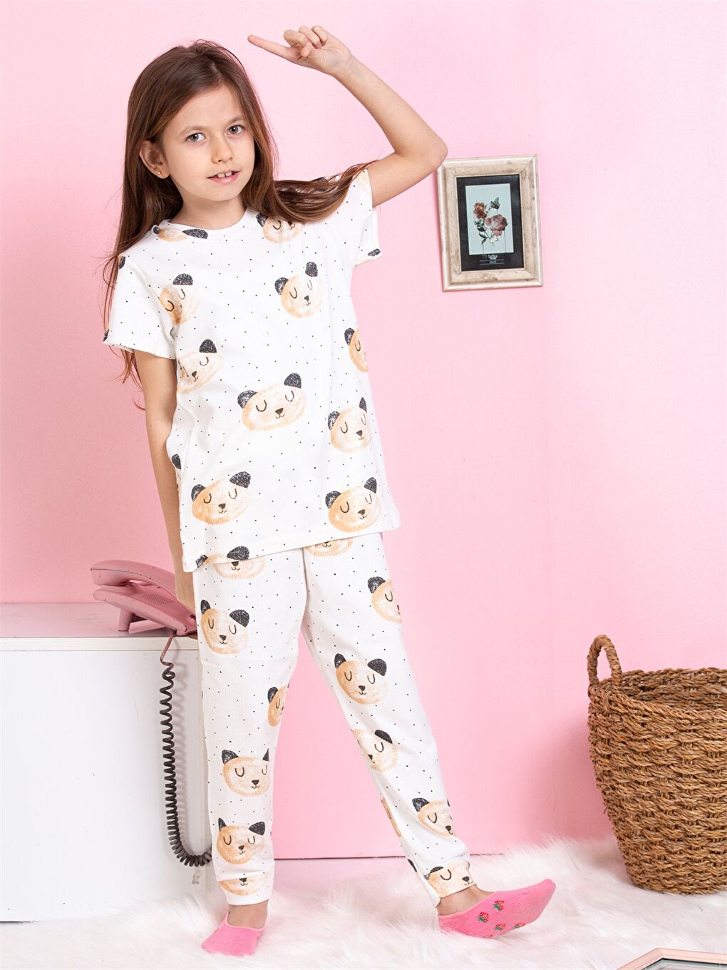 Ekru Bisiklet Yaka Baskılı Kısa Kollu Kız Çocuk Pijama Takımı-5