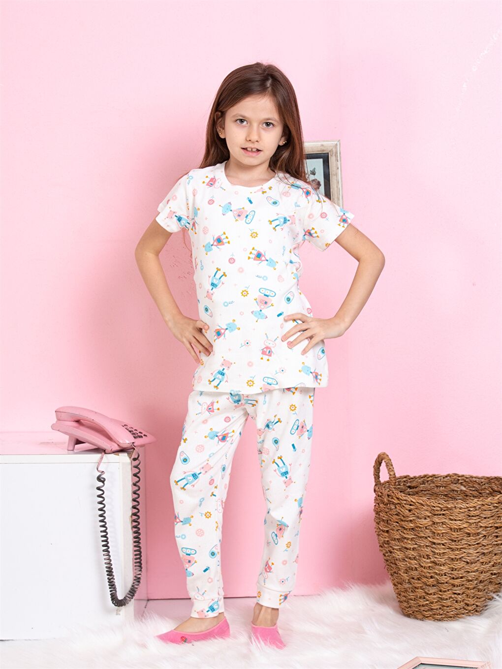 Pembe Bisiklet Yaka Baskılı Kısa Kollu Kız Çocuk Pijama Takımı-2