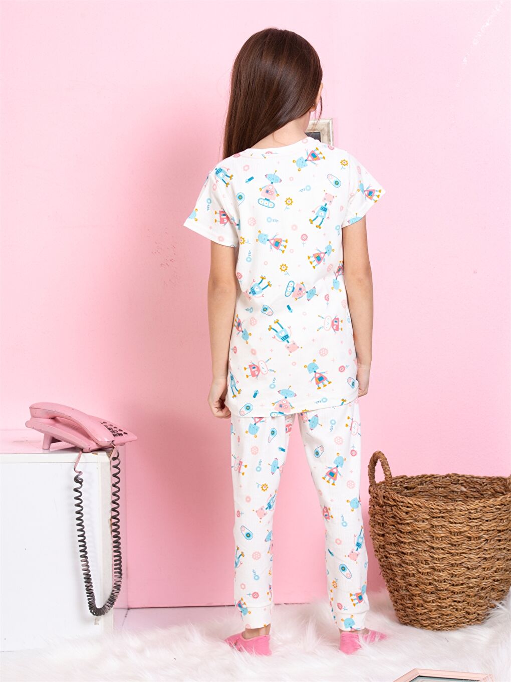 Pembe Bisiklet Yaka Baskılı Kısa Kollu Kız Çocuk Pijama Takımı-3