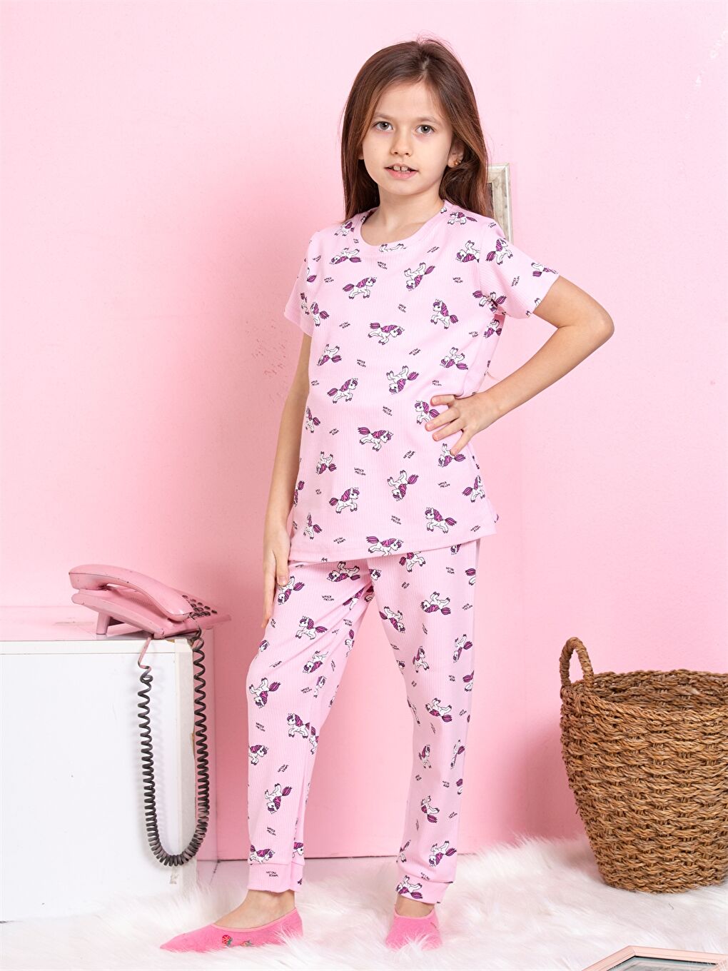 Lila Bisiklet Yaka Baskılı Kısa Kollu Kız Çocuk Pijama Takımı