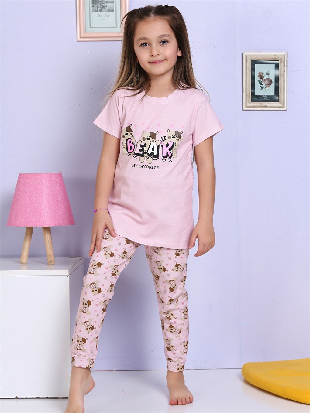 Lila Bisiklet Yaka Baskılı Kısa Kollu Kız Çocuk Pijama Takımı-1