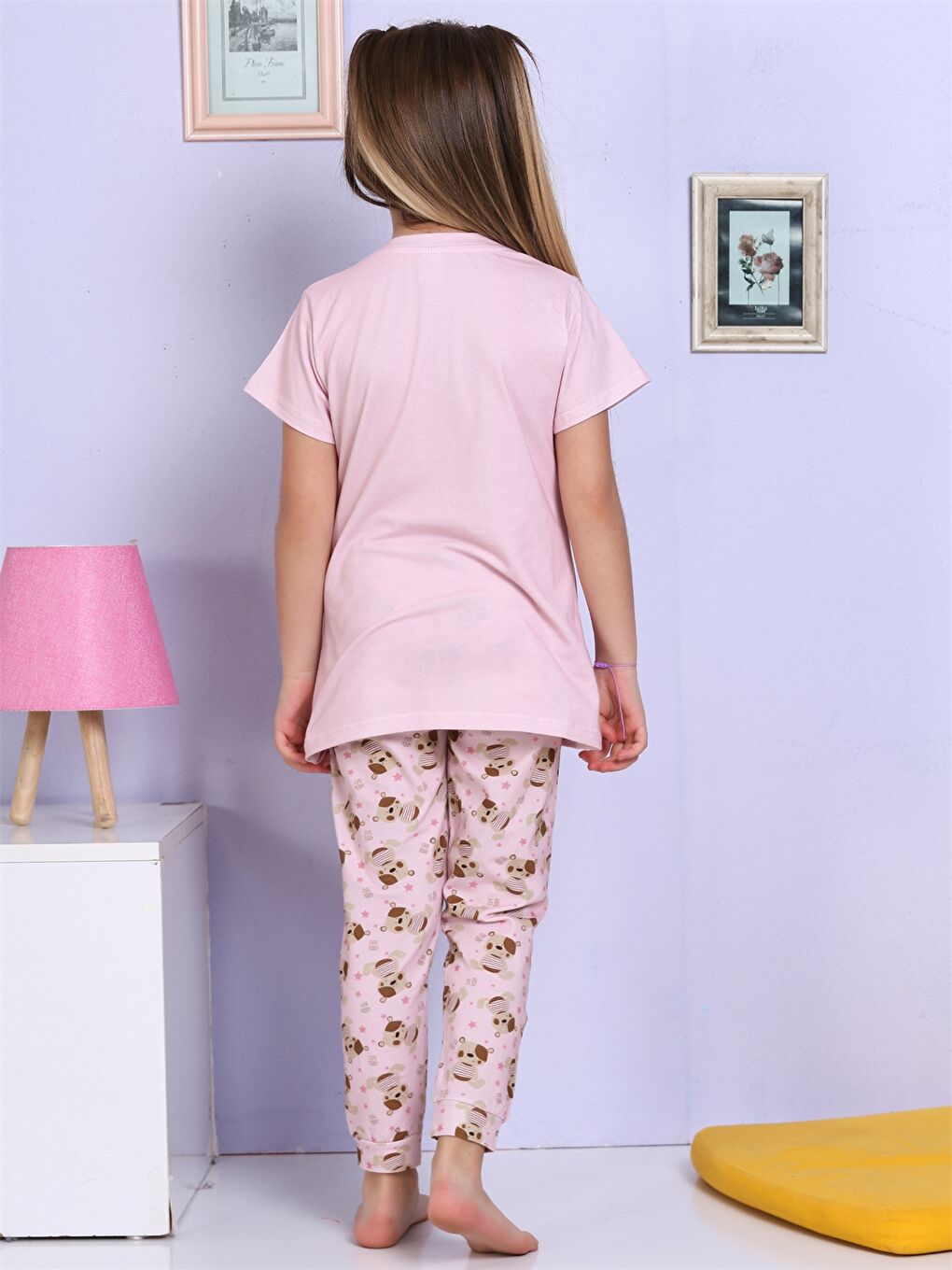 Lila Bisiklet Yaka Baskılı Kısa Kollu Kız Çocuk Pijama Takımı-2