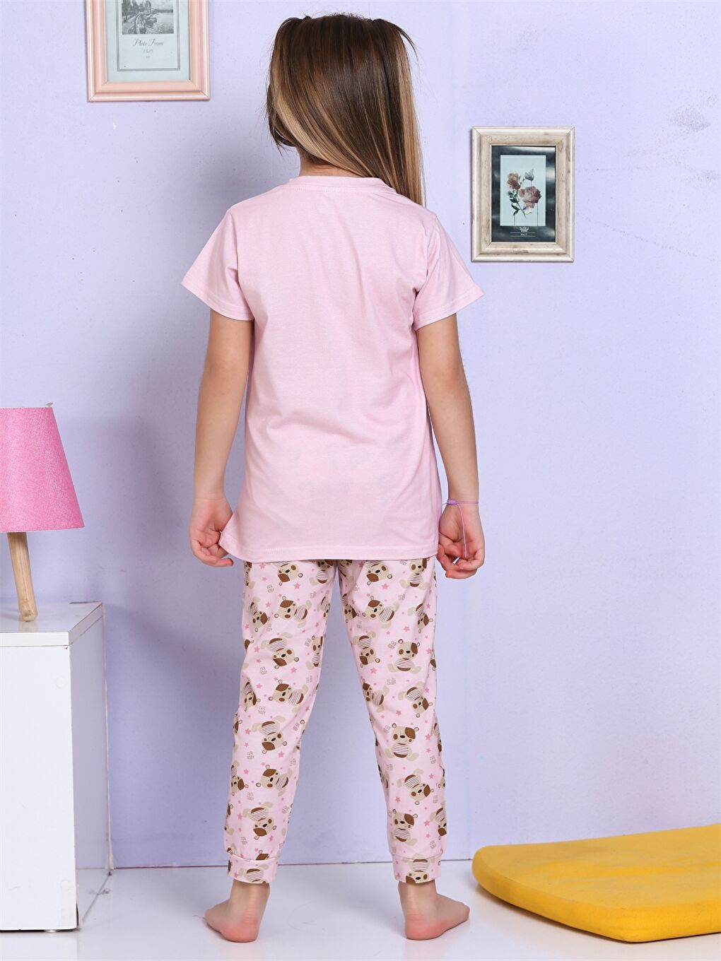 Lila Bisiklet Yaka Baskılı Kısa Kollu Kız Çocuk Pijama Takımı-3