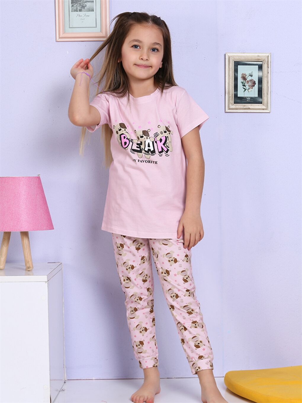 Lila Bisiklet Yaka Baskılı Kısa Kollu Kız Çocuk Pijama Takımı-4