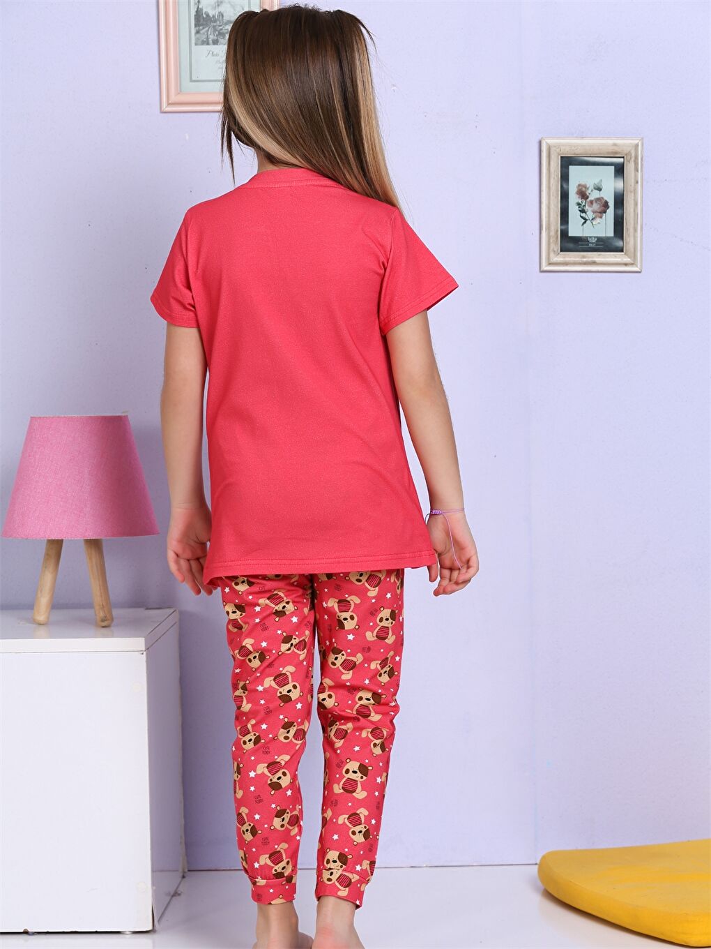 Kırmızı Bisiklet Yaka Baskılı Kısa Kollu Kız Çocuk Pijama Takımı-2