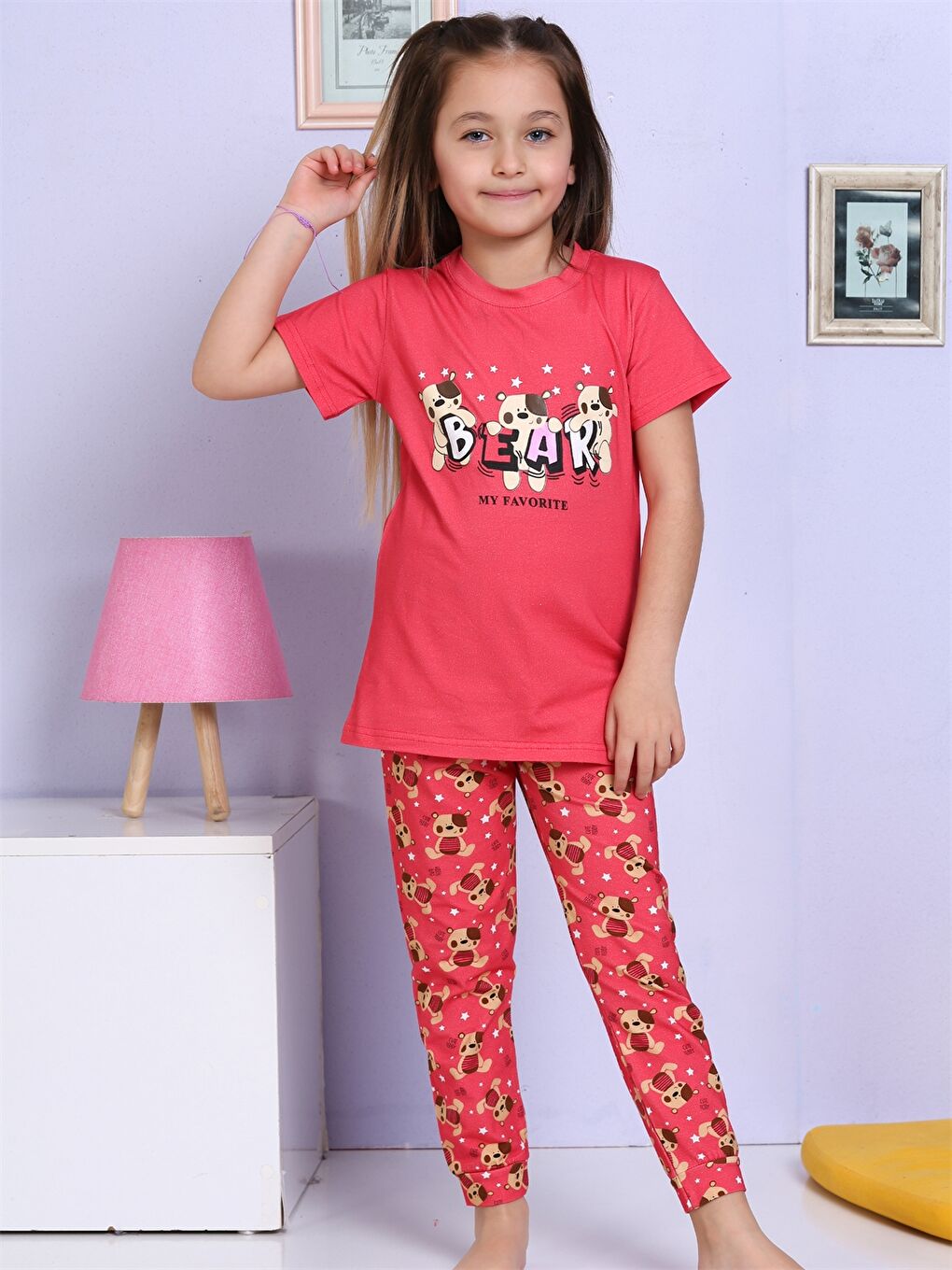 Kırmızı Bisiklet Yaka Baskılı Kısa Kollu Kız Çocuk Pijama Takımı-3