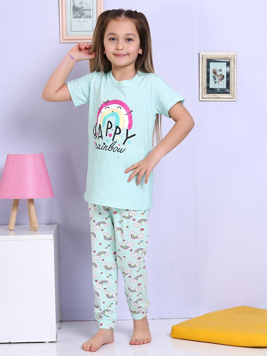Elmas Kids Turkuaz Bisiklet Yaka Baskılı Kısa Kollu Kız Çocuk Pijama Takımı