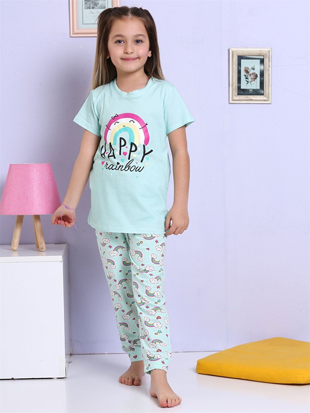 Elmas Kids Turkuaz Bisiklet Yaka Baskılı Kısa Kollu Kız Çocuk Pijama Takımı - 1