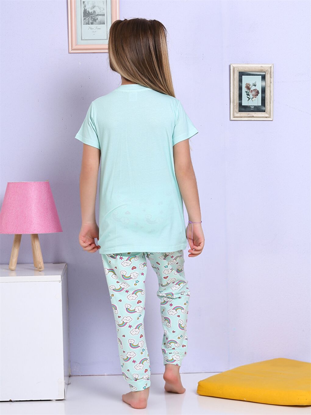 Elmas Kids Turkuaz Bisiklet Yaka Baskılı Kısa Kollu Kız Çocuk Pijama Takımı - 2
