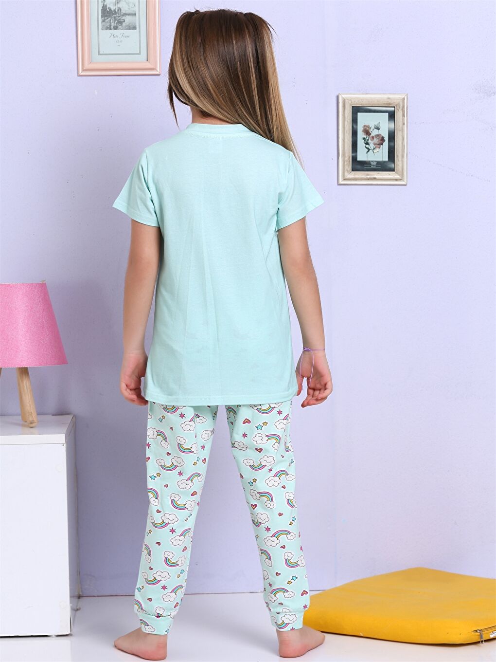 Elmas Kids Turkuaz Bisiklet Yaka Baskılı Kısa Kollu Kız Çocuk Pijama Takımı - 3