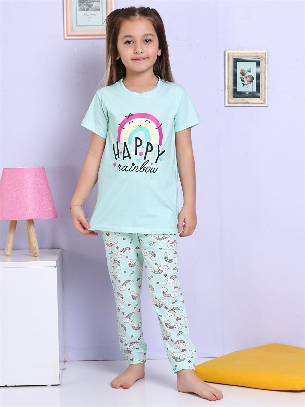 Elmas Kids Turkuaz Bisiklet Yaka Baskılı Kısa Kollu Kız Çocuk Pijama Takımı - 4