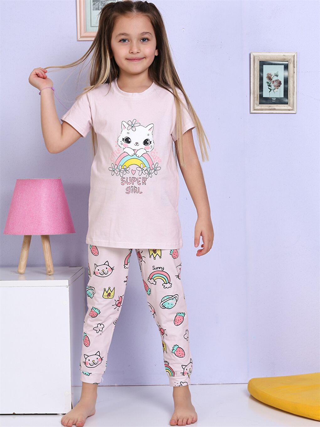 Elmas Kids Pembe Bisiklet Yaka Baskılı Kısa Kollu Kız Çocuk Pijama Takımı