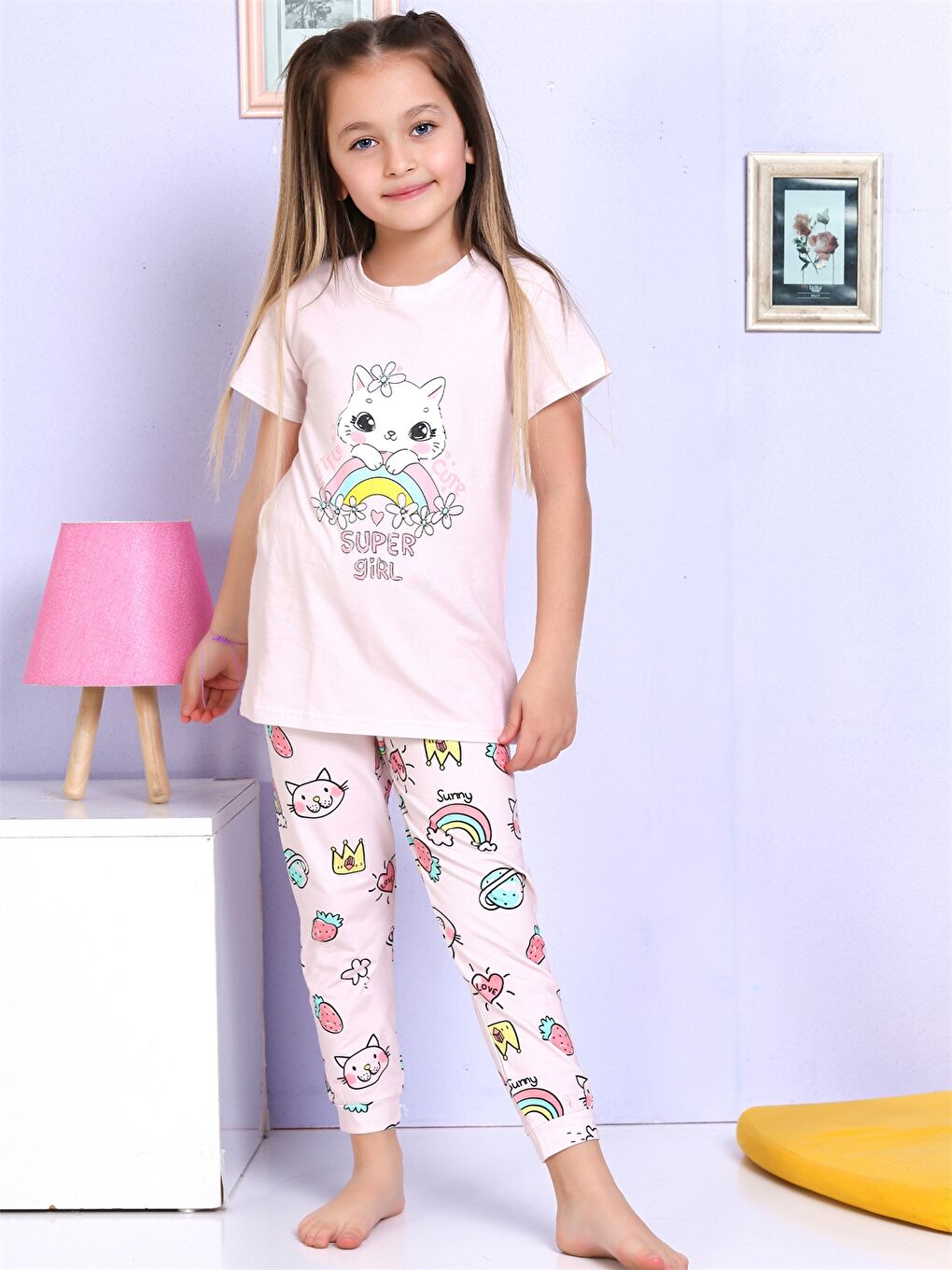 Elmas Kids Pembe Bisiklet Yaka Baskılı Kısa Kollu Kız Çocuk Pijama Takımı - 2