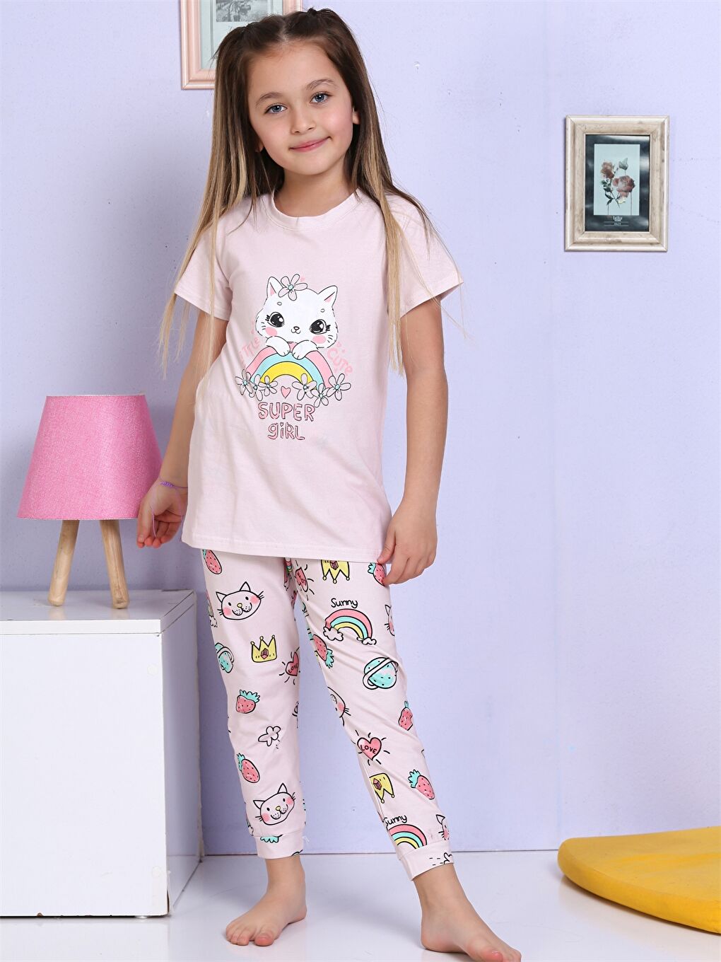 Elmas Kids Pembe Bisiklet Yaka Baskılı Kısa Kollu Kız Çocuk Pijama Takımı - 3