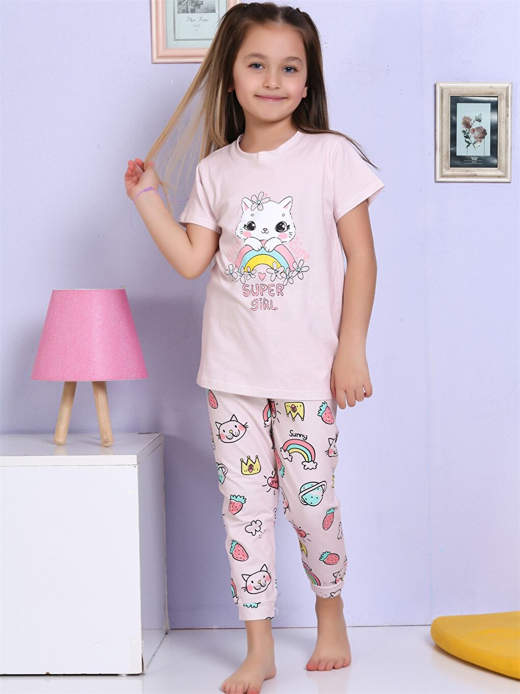 Elmas Kids Pembe Bisiklet Yaka Baskılı Kısa Kollu Kız Çocuk Pijama Takımı - 5