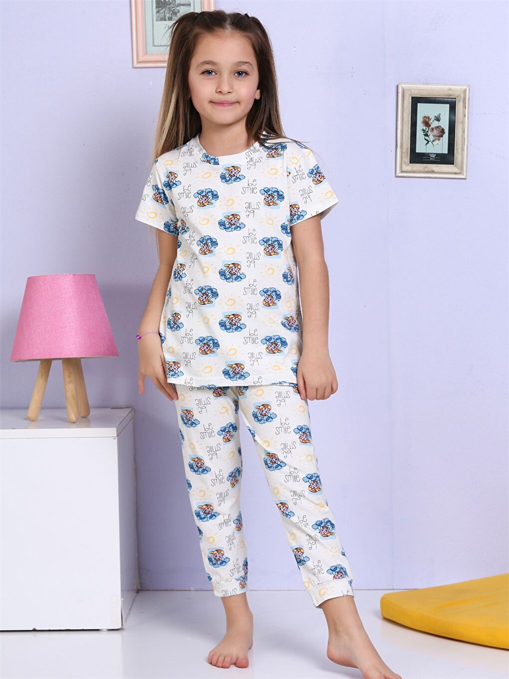 Elmas Kids Ekru Bisiklet Yaka Baskılı Kısa Kollu Kız Çocuk Pijama Takımı