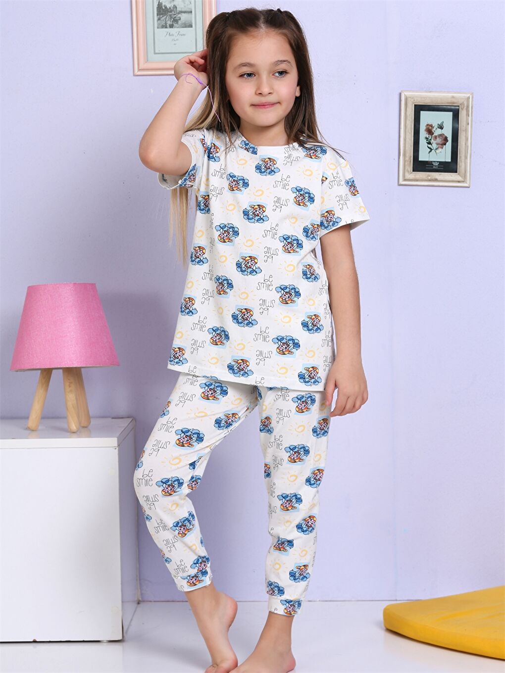 Elmas Kids Ekru Bisiklet Yaka Baskılı Kısa Kollu Kız Çocuk Pijama Takımı - 1