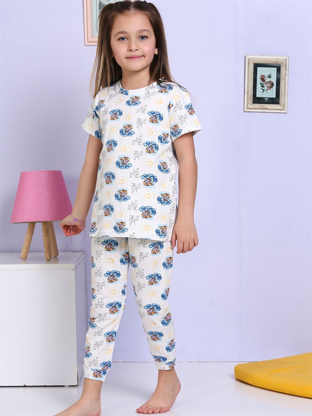 Elmas Kids Ekru Bisiklet Yaka Baskılı Kısa Kollu Kız Çocuk Pijama Takımı - 2