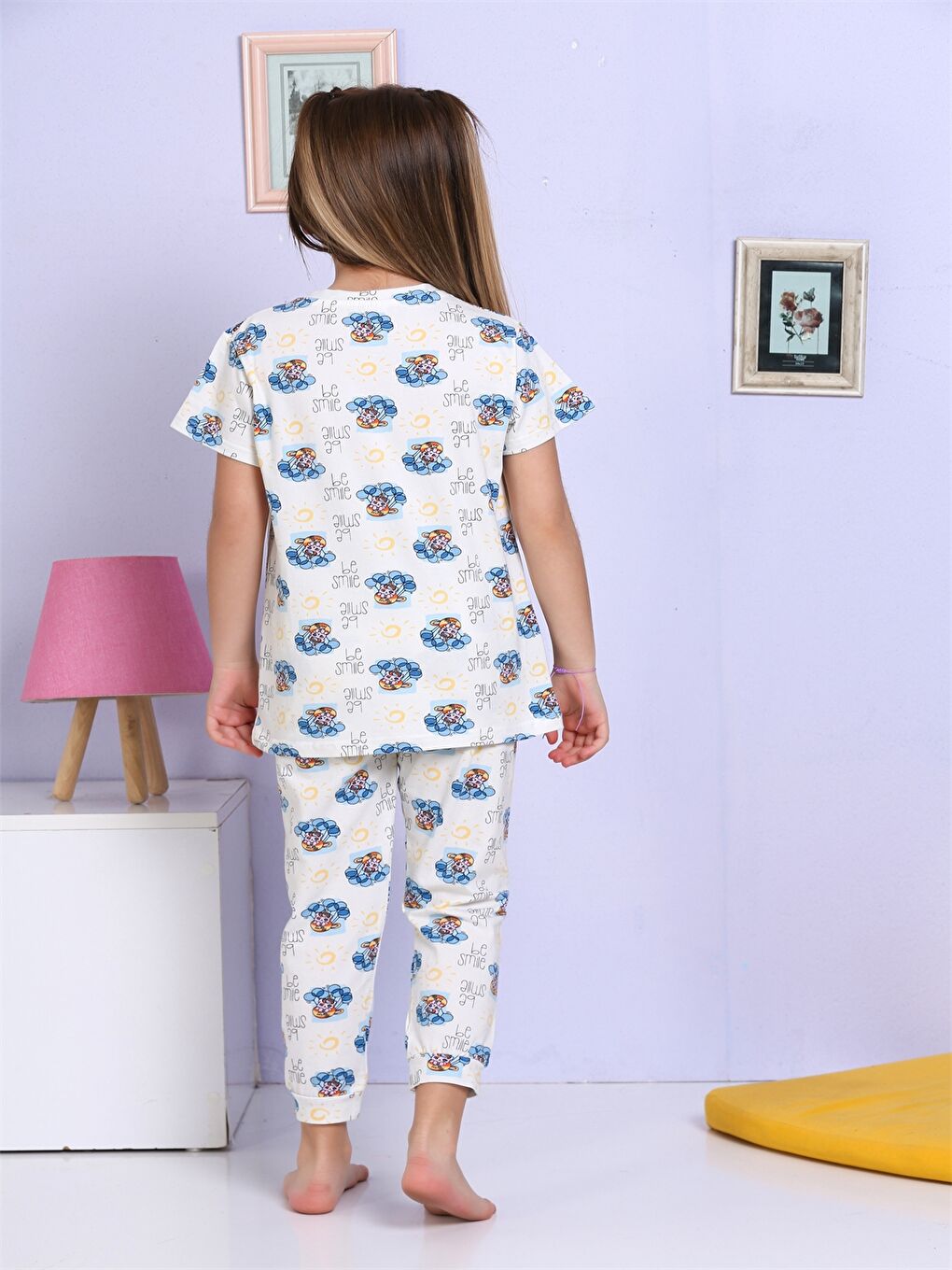 Elmas Kids Ekru Bisiklet Yaka Baskılı Kısa Kollu Kız Çocuk Pijama Takımı - 3