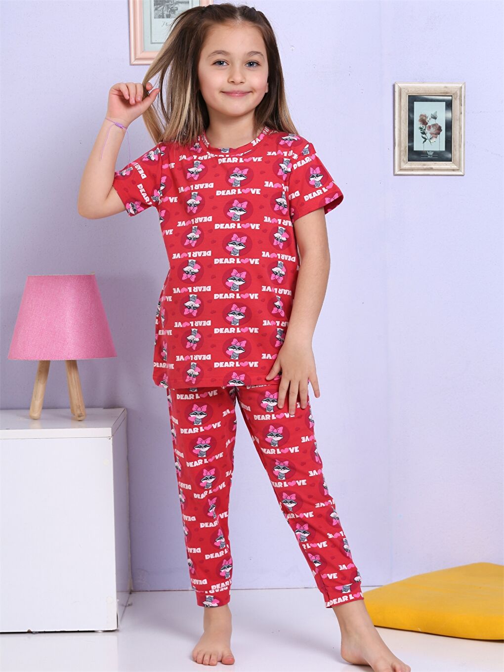 Elmas Kids Kırmızı Bisiklet Yaka Baskılı Kısa Kollu Kız Çocuk Pijama Takımı