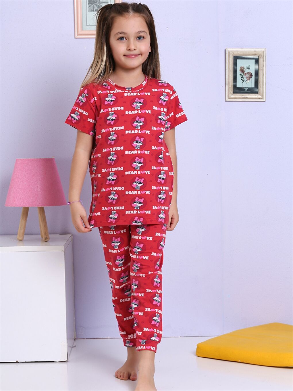 Elmas Kids Kırmızı Bisiklet Yaka Baskılı Kısa Kollu Kız Çocuk Pijama Takımı - 1