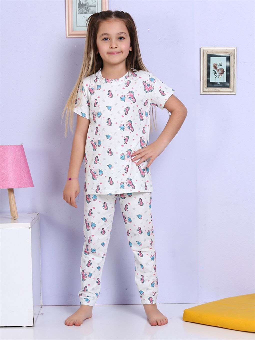 Beyaz Bisiklet Yaka Baskılı Kısa Kollu Kız Çocuk Pijama Takımı-2