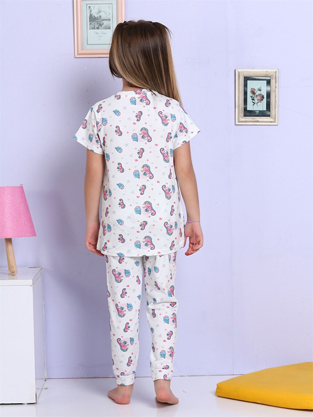 Beyaz Bisiklet Yaka Baskılı Kısa Kollu Kız Çocuk Pijama Takımı-3