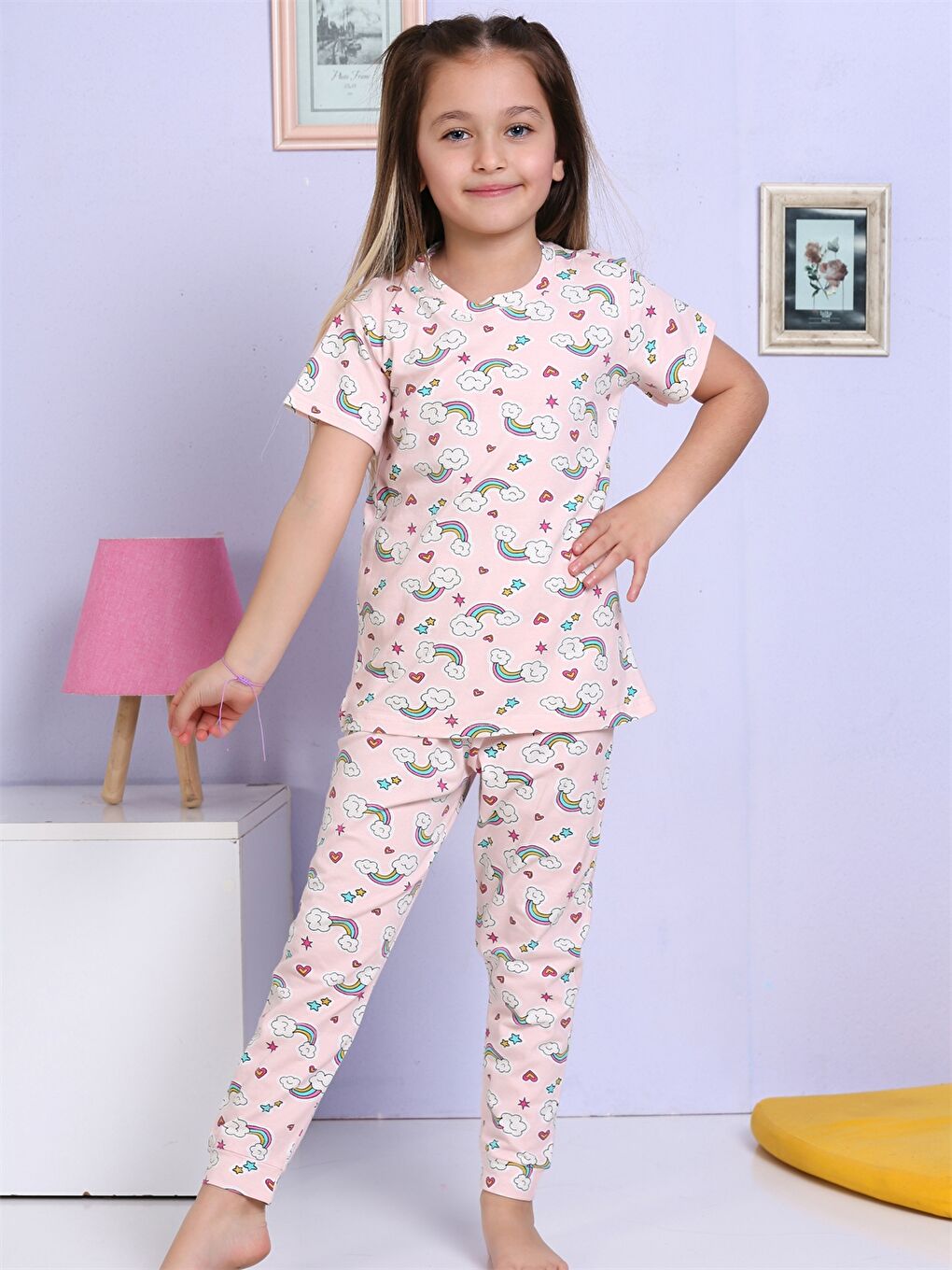 Pembe Bisiklet Yaka Baskılı Kısa Kollu Kız Çocuk Pijama Takımı