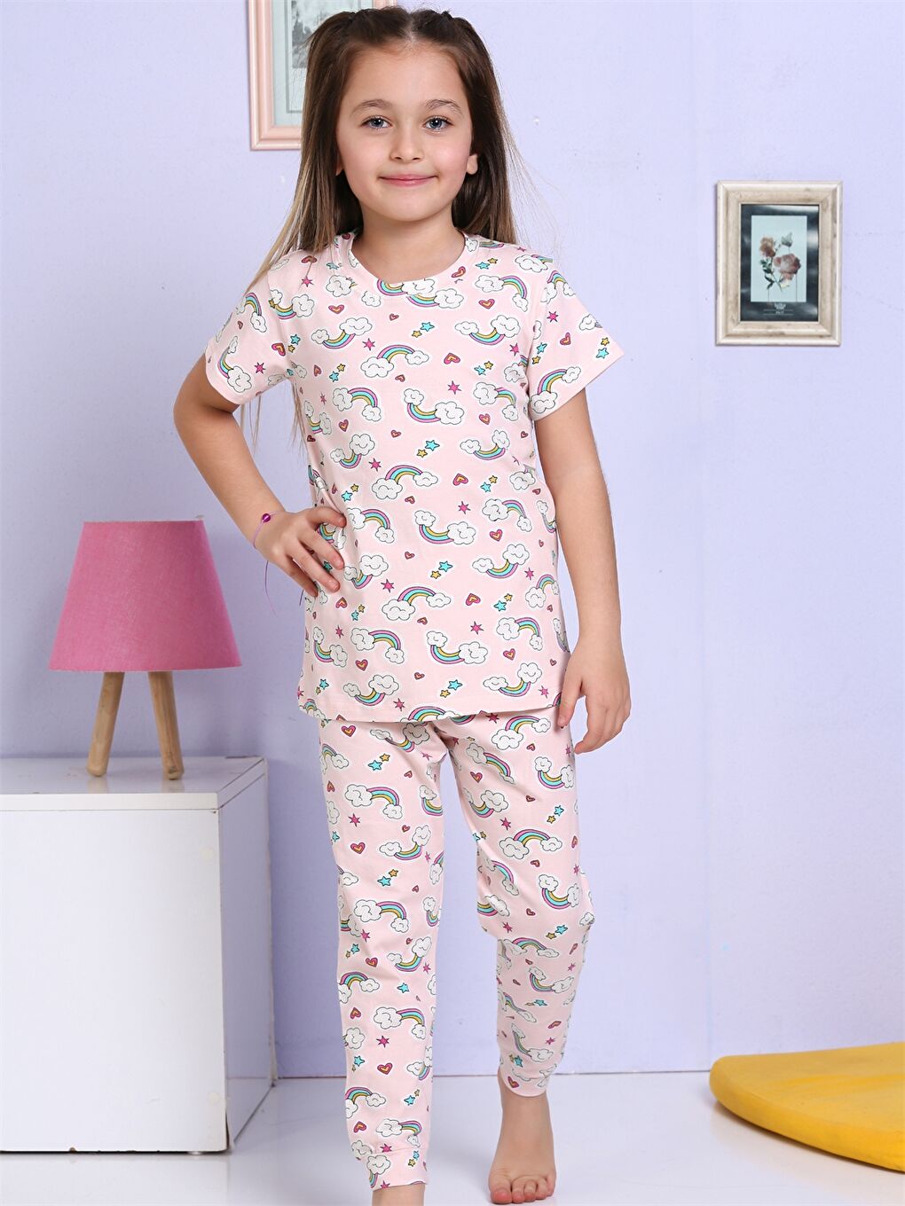 Pembe Bisiklet Yaka Baskılı Kısa Kollu Kız Çocuk Pijama Takımı-1