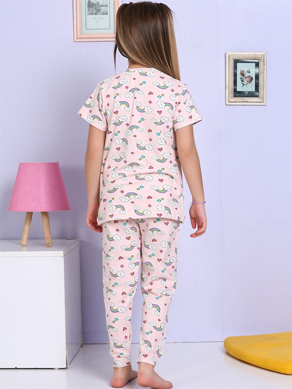 Pembe Bisiklet Yaka Baskılı Kısa Kollu Kız Çocuk Pijama Takımı-2