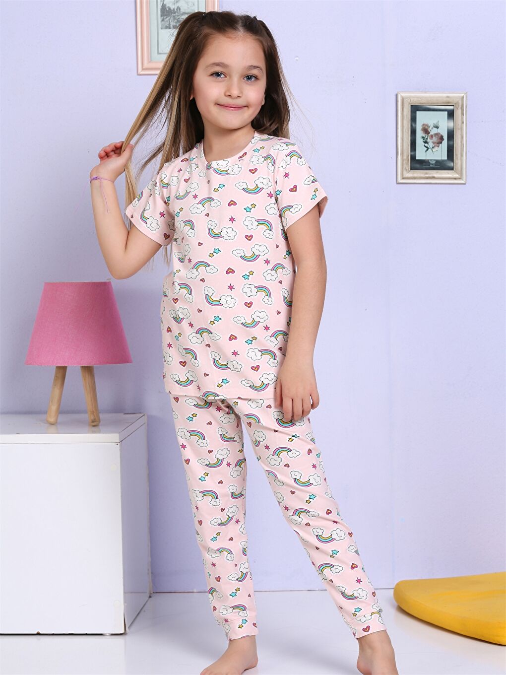 Pembe Bisiklet Yaka Baskılı Kısa Kollu Kız Çocuk Pijama Takımı-3