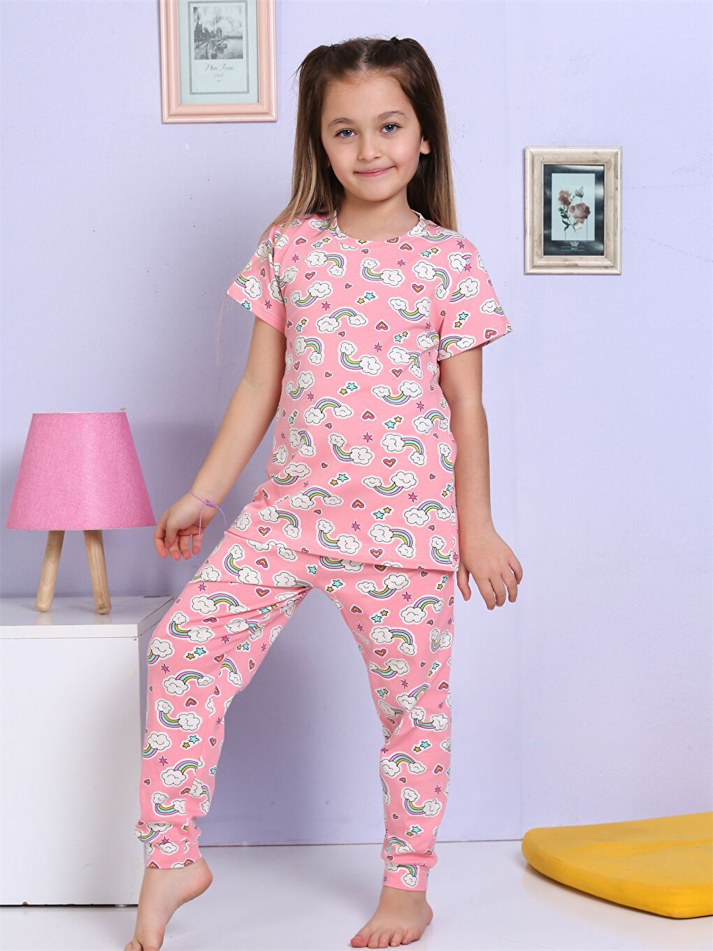 Pembe Bisiklet Yaka Baskılı Kısa Kollu Kız Çocuk Pijama Takımı-1