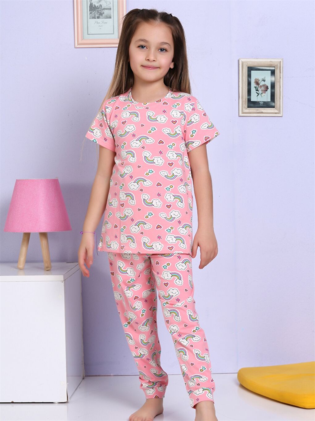 Pembe Bisiklet Yaka Baskılı Kısa Kollu Kız Çocuk Pijama Takımı-2