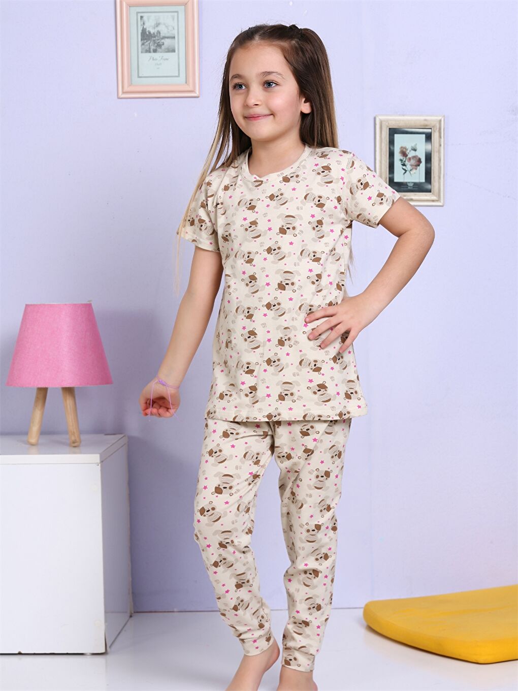 Bej Bisiklet Yaka Baskılı Kısa Kollu Kız Çocuk Pijama Takımı