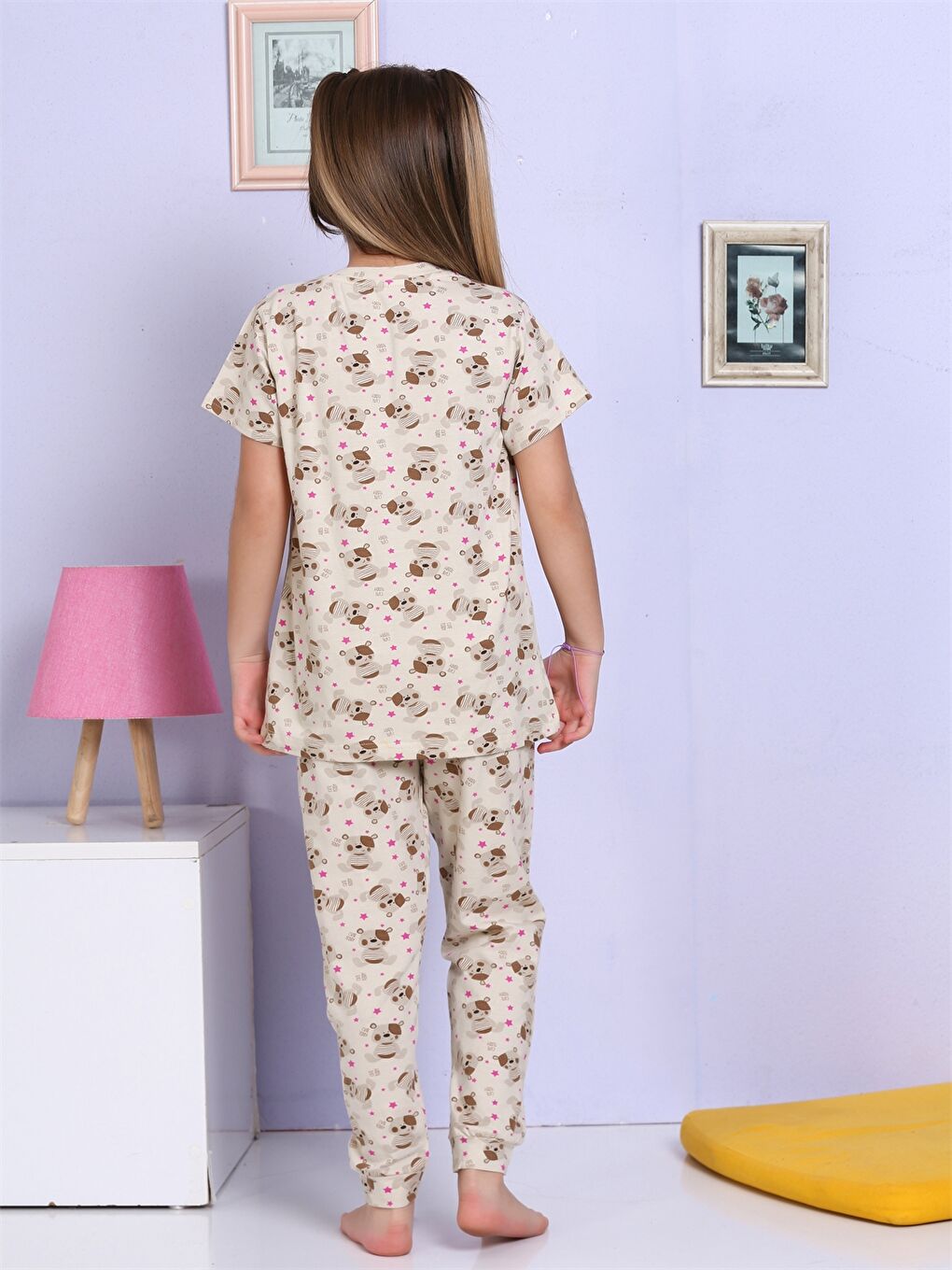 Bej Bisiklet Yaka Baskılı Kısa Kollu Kız Çocuk Pijama Takımı-3