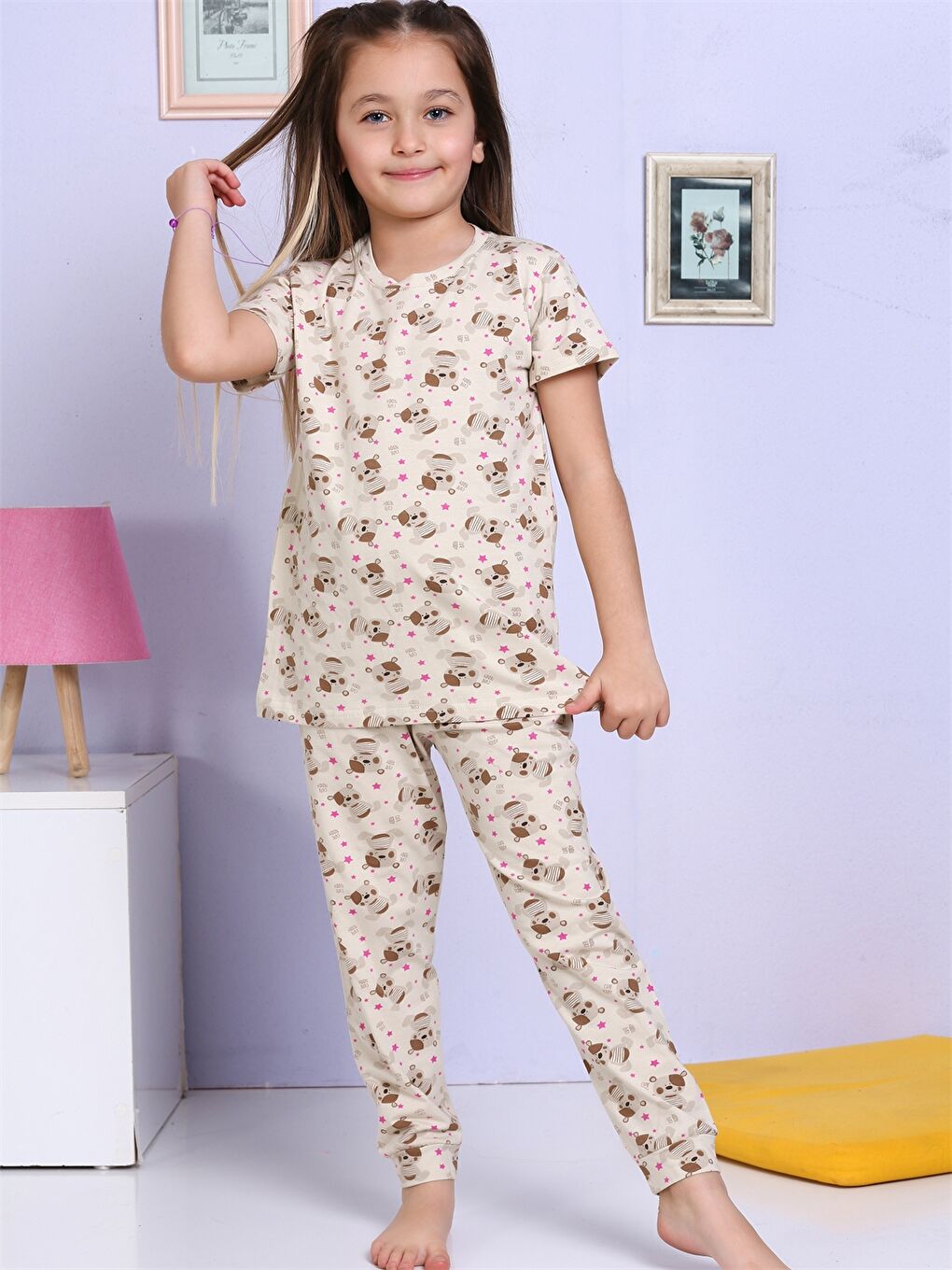 Bej Bisiklet Yaka Baskılı Kısa Kollu Kız Çocuk Pijama Takımı-4