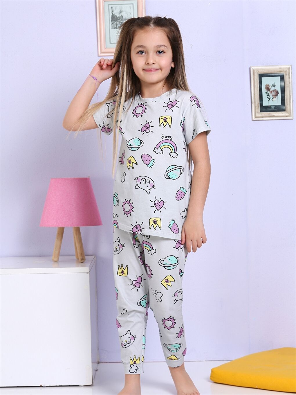 Bej Bisiklet Yaka Baskılı Kısa Kollu Kız Çocuk Pijama Takımı