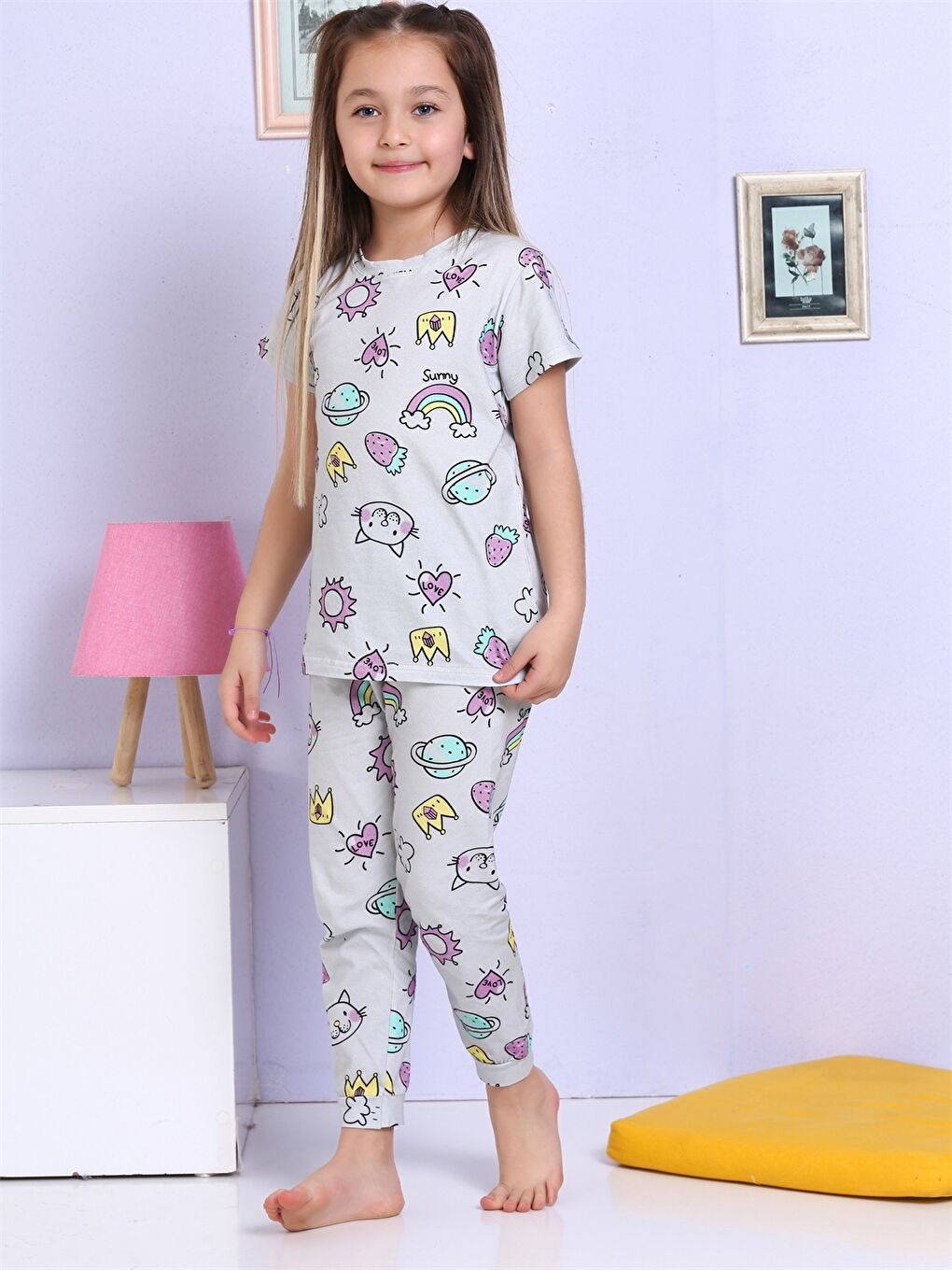 Bej Bisiklet Yaka Baskılı Kısa Kollu Kız Çocuk Pijama Takımı-1