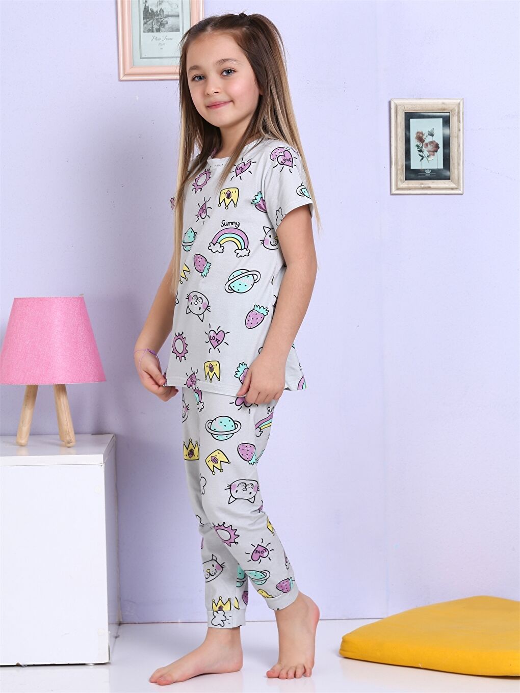 Bej Bisiklet Yaka Baskılı Kısa Kollu Kız Çocuk Pijama Takımı-2