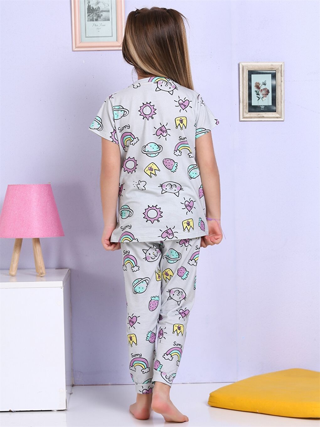 Bej Bisiklet Yaka Baskılı Kısa Kollu Kız Çocuk Pijama Takımı-3