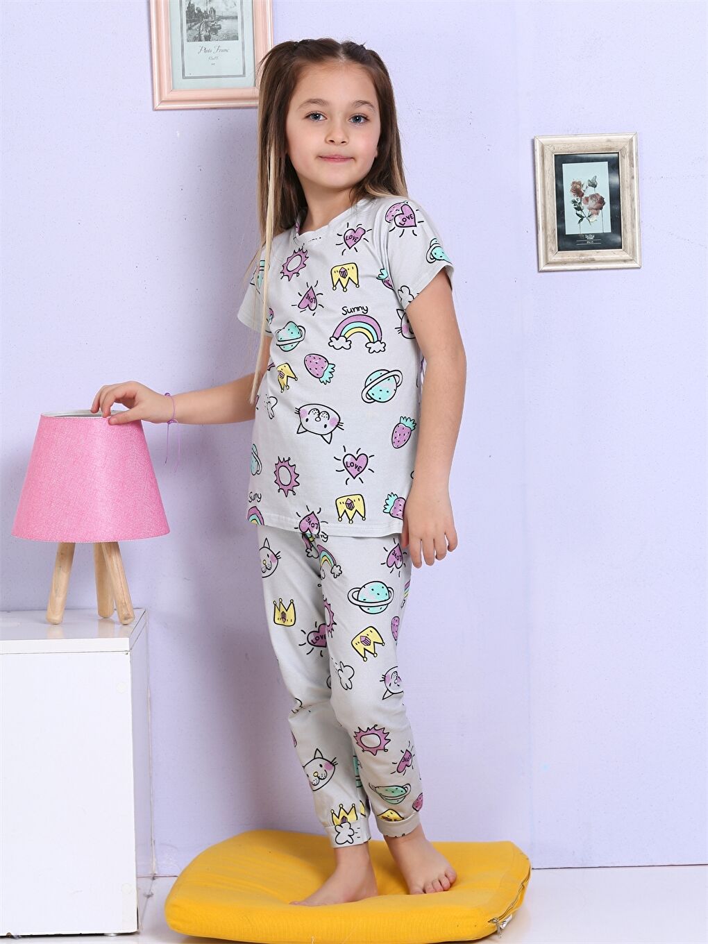 Bej Bisiklet Yaka Baskılı Kısa Kollu Kız Çocuk Pijama Takımı-4