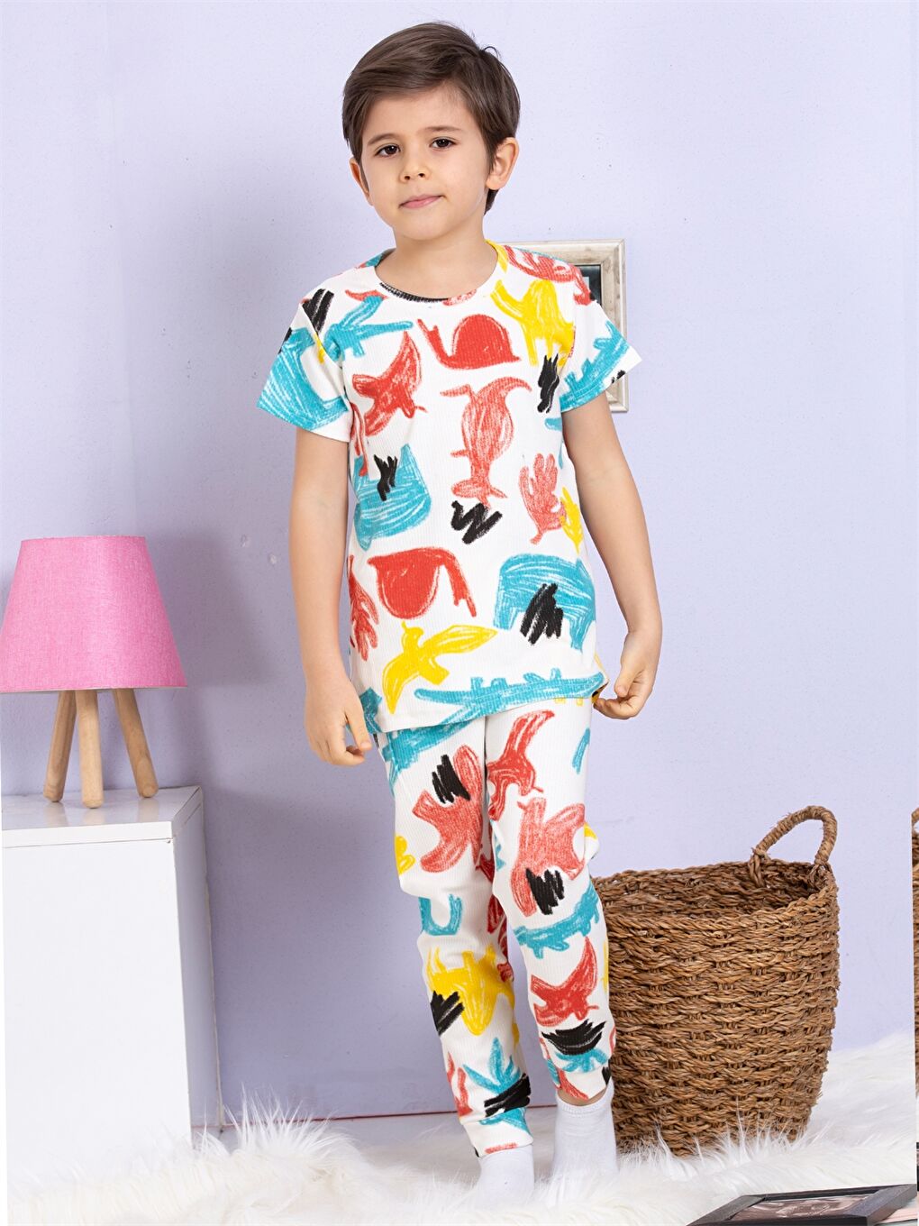 Ekru Bisiklet Yaka Baskılı Kısa Kollu Erkek Çocuk Pijama Takımı