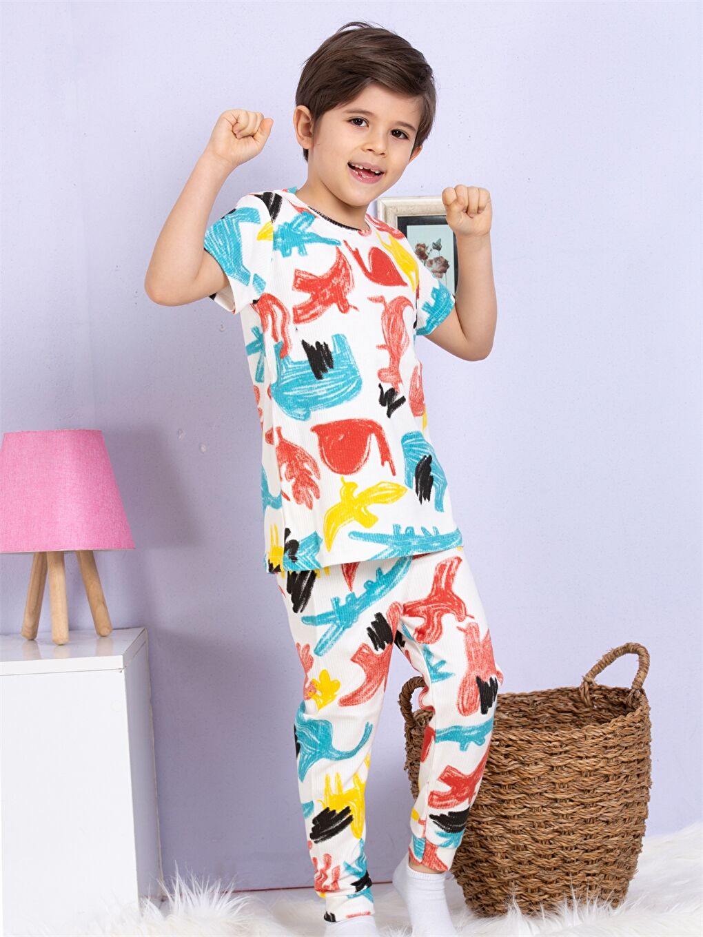 Ekru Bisiklet Yaka Baskılı Kısa Kollu Erkek Çocuk Pijama Takımı-1