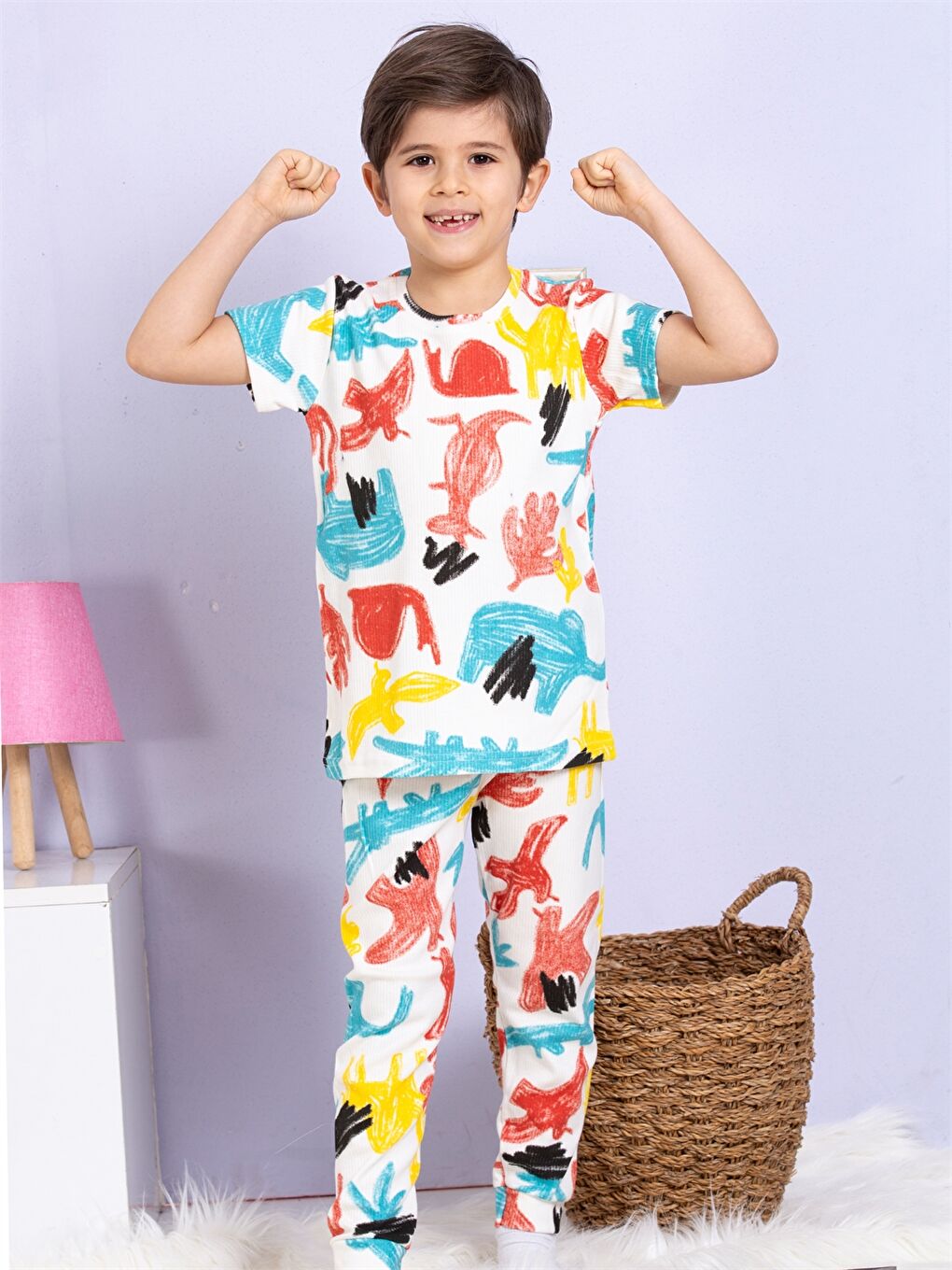 Ekru Bisiklet Yaka Baskılı Kısa Kollu Erkek Çocuk Pijama Takımı-2