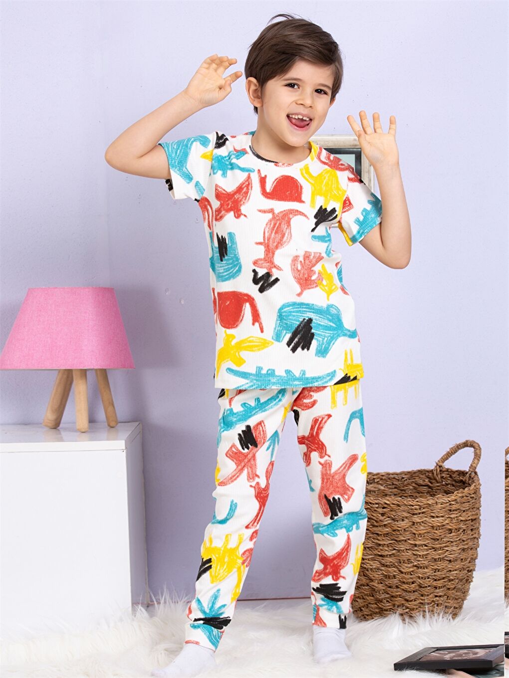 Ekru Bisiklet Yaka Baskılı Kısa Kollu Erkek Çocuk Pijama Takımı-3