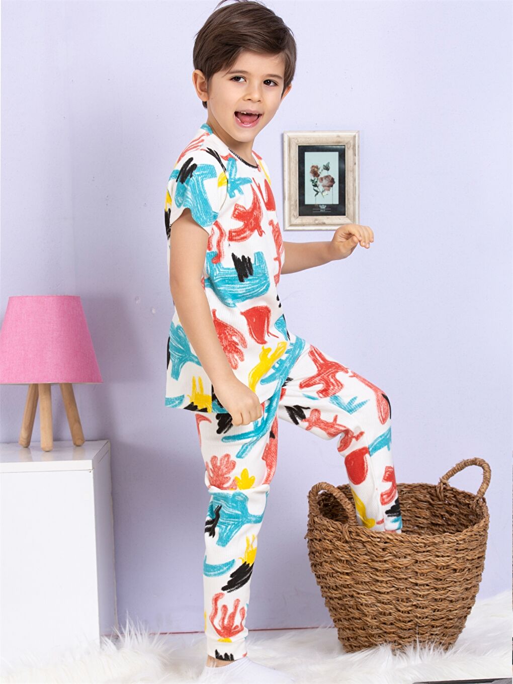 Ekru Bisiklet Yaka Baskılı Kısa Kollu Erkek Çocuk Pijama Takımı-4