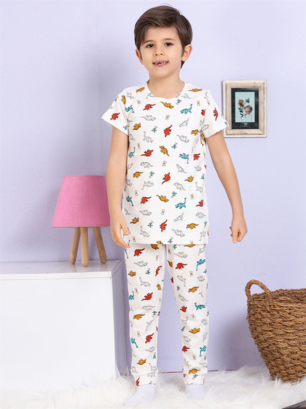 Elmas Kids Ekru Bisiklet Yaka Baskılı Kısa Kollu Erkek Çocuk Pijama Takımı