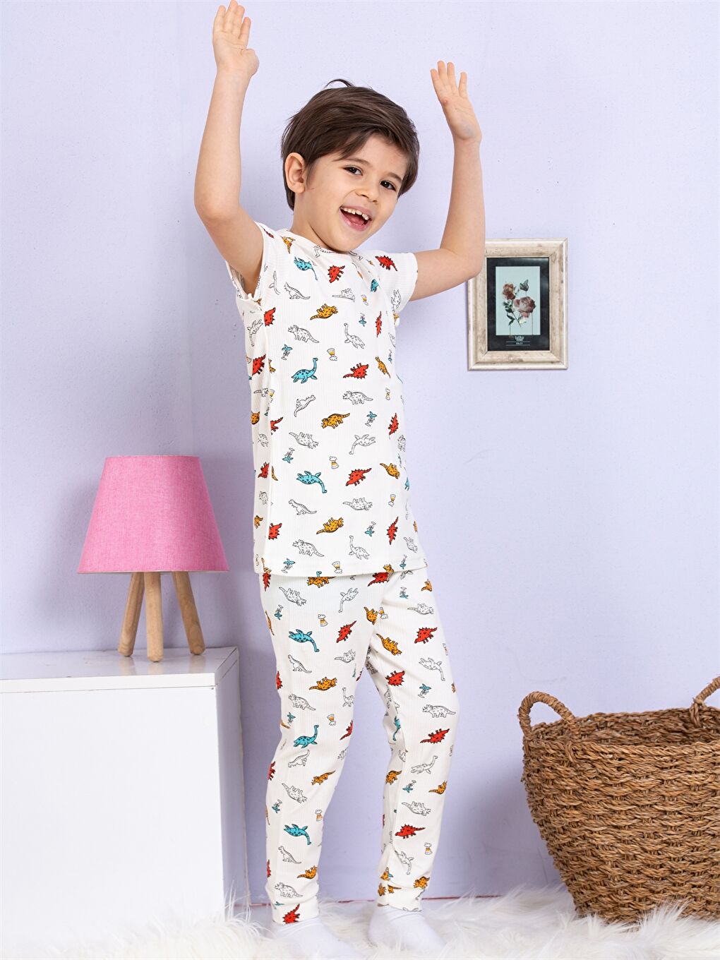 Elmas Kids Ekru Bisiklet Yaka Baskılı Kısa Kollu Erkek Çocuk Pijama Takımı - 1