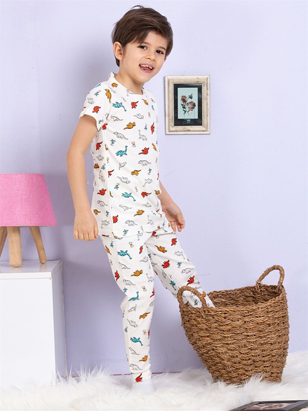 Elmas Kids Ekru Bisiklet Yaka Baskılı Kısa Kollu Erkek Çocuk Pijama Takımı - 2