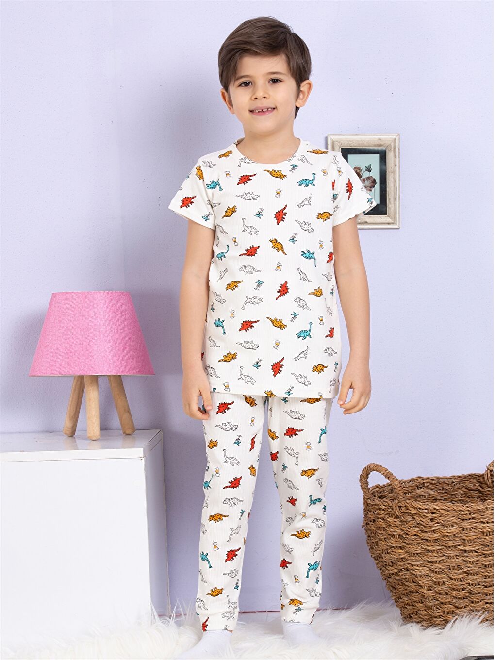 Elmas Kids Ekru Bisiklet Yaka Baskılı Kısa Kollu Erkek Çocuk Pijama Takımı - 3